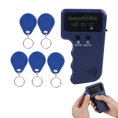 Abbildung von Handheld 125KHz RFID ID Kartenschreiber, Kopierer Writer Reader für die Zugangskontrolle mit 5 Etiketten