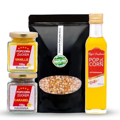 Abbildung von Hopser Food Fun Partyset 500g Popcornmais,250ml Popcornöl mit Butteraroma,150g Popcorn Zucker Vanille und 150g Karamellzucker Popcornset für Popcornmaschine