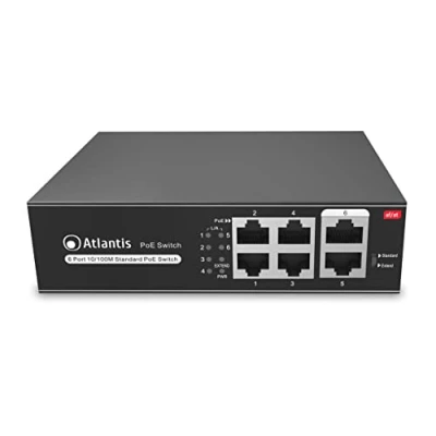 Abbildung von Atlantis Switch mit 6 Ports, 10/100 Mbps, 4 Poe Ports bis zu 65 W, jeder Port 30 Desktop und Rack, interner Alimeter, Metallgehäuse, A02 F6P4 65W, VLAN Extended Funktion, 250 m,