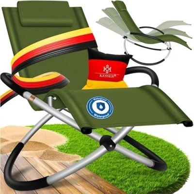Abbildung von KESSER® Relaxliege Liegestuhl Gartenliege Sonnenliege Gartenstuhl Klappstuhl faltbar Schwungliege Schaukelsessel ergonomische Relaxsessel wetterfest 180 kg Belastung Khaki