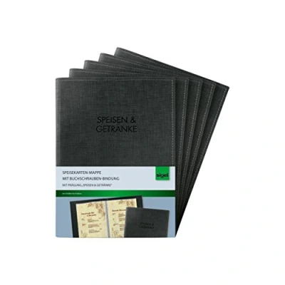 Abbildung von SIGEL SM136/5 Speisekarten Mappen mit Buchschrauben Bindung für A5, 5 er Pack, schwarz edler Leinenstruktur, strapazierfähig und leicht abwischbar