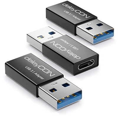 Abbildung von deleyCON USB C auf Adapter [3 Stück] Buchse A Stecker 3.1 5Gbit/s für PC Computer Laptop Notebook Aluminium Schwarz