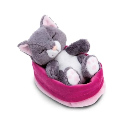Abbildung von NICI Kuscheltier Katze grau 12cm schlafend im Körbchen