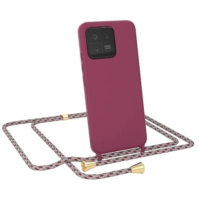 Abbildung von EAZY CASE Necklace Silicon kompatibel mit Xiaomi 13 Slim Microfiber, Phone Case, Abnehmbare Handykordelabnehmbar Beere Schulterriemen in Rot Camouflage Clips Gold