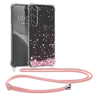 Abbildung von kwmobile Necklace Case kompatibel mit Samsung Galaxy S23 Plus Hülle Silikon Cover Handykette Rosa Dunkelbraun Transparent Kirschblütenblätter