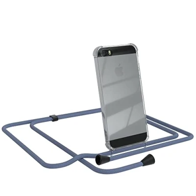 Abbildung von EAZY CASE Handykette kompatibel mit iPhone SE (2016)/ 5 / 5S Handyhülle Umhängeband, Handykordel Schutzhülle, Silikonhülle, Hülle, Stylische Kette, EIS Blau Clips Schwarz