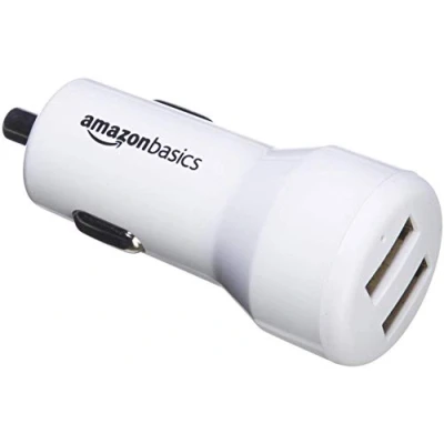 Abbildung von Amazon Basics Kfz Ladegerät für Apple &amp; Android Geräte, USB Anschluss: 2 Eingänge, 4,8 Ampere / 24 W, Weiß