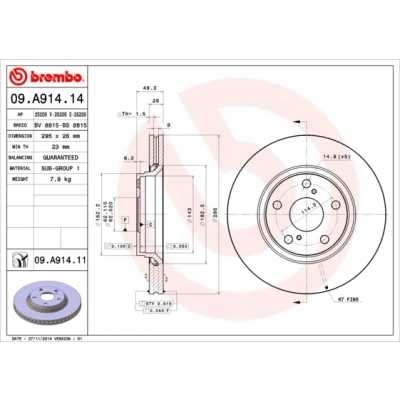 Abbildung von BREMBO COATED DISC LINE 09.A914.11 Bremsscheibe 295 26 5 innenbelüftet beschichtet TOYOTA: Auris Schrägheck, Corolla X Limousine