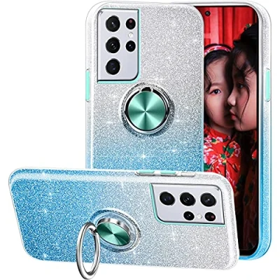 Abbildung von IBEX Kompatibel mit der Schutzhülle für Samsung Galaxy S21 Ultra, Funkelnde 3 in 1 Handyhülle, 360 drehbarer Ring magnetische Kfz Halterungen, geeignet Blau