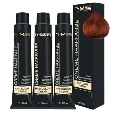 Abbildung von FemMas Haarfarbe 3x Hellblond Kupfer 8.4 I Professionelle Creme mit Arganöl, Keratin &amp; Ceramiden Als dauerhafte Haarfärbung oder Tönung für strahlende, haltbare Farbergebnisse 100 ml