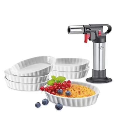 Abbildung von Küchenprofi Crème Brûlée Set DELUXE, 7 teilig 1x Flambierbrenner 6x Schälchen aus Hartporzellan (85 ml) Backofen &amp; Mikrowellengeeignet Creme Brulee mit Brenner und inkl. Rezepte
