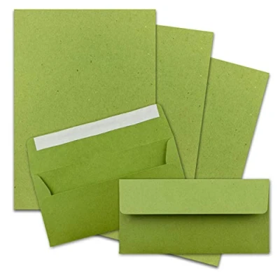 Abbildung von 25x Briefpapier Set DIN A4 mit Lang Briefumschlägen, Haftklebung Kraftpapier Hellgrün Recycling Schreibpapier Kuverts FarbenFroh by GUSTAV NEUSER