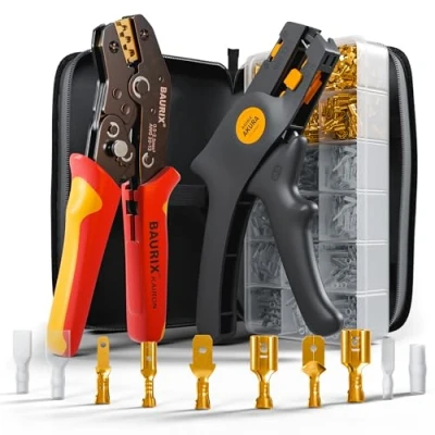 Abbildung von BAURIX® Crimpzange inkl. 300 Stück Flachsteckhülsen Set und Abisolierzange I Krimpzange für 0,50 2,50 mm² Steckverbinder Crimpzangen Tool, Crimp Zange, Flachsteckhülsenzange, Crimpwerkzeug