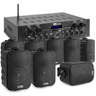Abbildung von Power Dynamics Komplette Lautsprechereinrichtung, Lautsprecher Installation, 4X Stereo Speaker Set BG030, 100 Watt, 4 Zonen Verstärker PV240BT, System, Bluetooth, Soundsystem