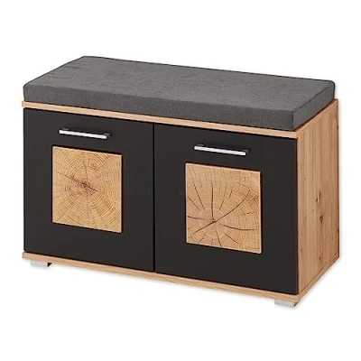 Abbildung von FUN Schuhbank mit Sitzfläche in Schwarz, Artisan Eiche Optik Hirnholz Applikationen Komfortable Sitzbank Stauraum für Ihren Flur 84 x 53 38 cm (B/H/T)