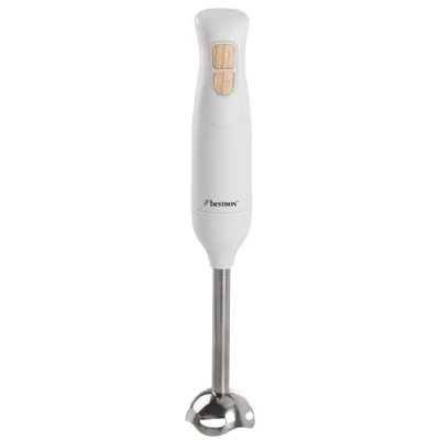Abbildung von Bestron Stabmixer, Pürierstab mit 2 Geschwindigkeitsstufen &amp; ergonomischer Handgriff, inkl. Turbofunktion mehr als 14.000/rpm, Staab abnehmbar, Material: Edelstahl, Farbe: Weiß/Holzimitat