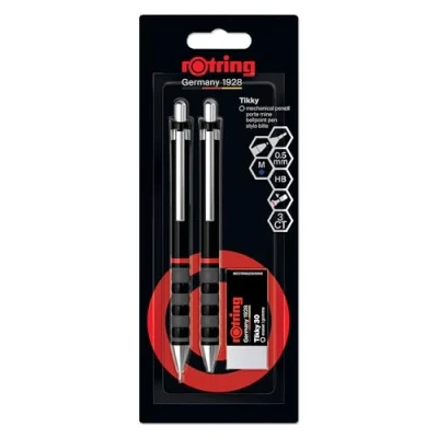 Abbildung von Rotring Tikky Set aus Feinminenstift, Kugelschreiber und Radierer Bleistift mit HB Mine, 0,5 mm Schreibgerät mittelgroßer Spitze Schaft in Schwarz Leicht gummierter Griffzone
