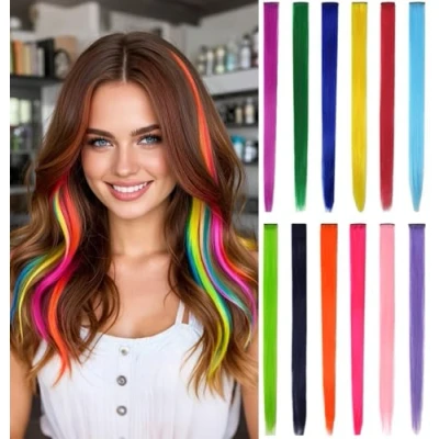 Abbildung von 12 Stück Farbige Haarverlängerungen Clips 22 Zoll Clip Synthetische Haarteile für Frauen Mädchen Cosplay Fashion Party （Bunte Set gerade）