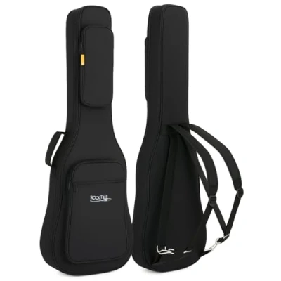 Abbildung von ROCKTILE EGSC 1122BK Softcase für E Gitarre Dick gepolsterte Gitarrentasche mit Halsstütze, Rucksackgarnitur &amp; DREI Außentaschen Wasserabweisend robust sicheren Transport Schwarz