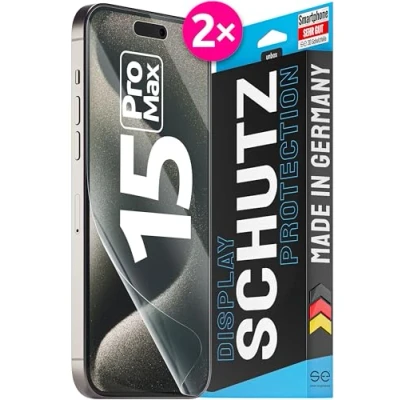 Abbildung von 2x se® 3D SCHUTZFOLIE Transparent für Apple iPhone 15 Pro Max ,Selbstheilend, 100% Fingerabdruck &amp; FaceID kompatibel, einfache blasenfreie Installation, Ultra Klar, Stoß Kratzfest, aus Deutschland
