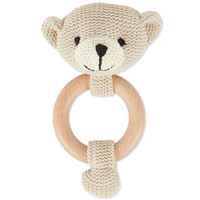 Abbildung von Bieco Greifspielzeug Greifling Baby Rassel Ø 8cm, Länge 14cm Niedliche Bär Häkel mit Holz Ring für Junge &amp; Mädchen Bärchen Gehäkelt Greifringe