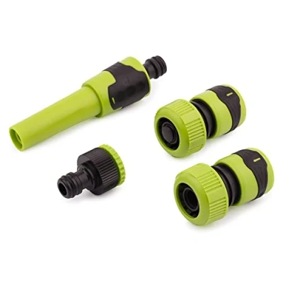 Abbildung von MIVOS Grundausstattung mit Anschlussteilen für 3/4 Zoll (20 mm) Schlauch Bewässerungsset Spritzdüse Hahnanschluss Schlauchkupplung Wasserstop Starter Spritz Satz Bewässerung
