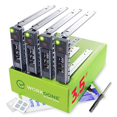 Abbildung von WorkDone 4er Pack 3,5 Zoll Festplatten Caddy Kompatibel für Dell PowerEdge Server Mit ausführlichem Installationshandbuch Aufkleber Vorderseite Schraubendreher