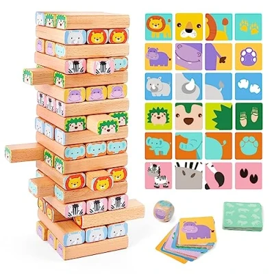 Abbildung von Nene Toys Holzklötze Stapelspiel 4 in 1 Wackelturm Familien Gesellschaftsspiel Set: Bauklötze, Karten, Würfel Afrika Safari Lernspielzeug aus Holz für Kinder von 3 9 Jahren Lernspiel Tiere