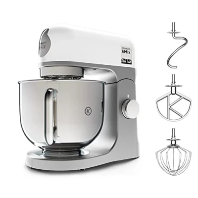 Abbildung von Kenwood KMX750WH Küchenmaschine Hochwertiges Metallgehäuse Hochglanzpolierte 5 Liter Edelstahl Schüssel mit Handgriff Planetarisches Rührsystem Unterhebfunktion 1000 Watt Weiß, l, Edelstahl, W