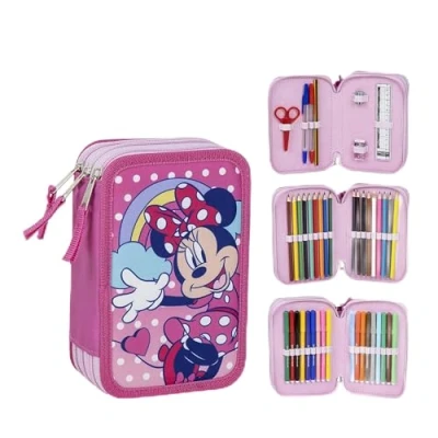 Abbildung von Federmäppchen für Kinder Minnie Maus, Rosa, Reißverschluss, 12,5 x 6,5 19,5 cm, Dreifachfach, inklusive Zubehör, Originalprodukt, entworfen in Spanien,