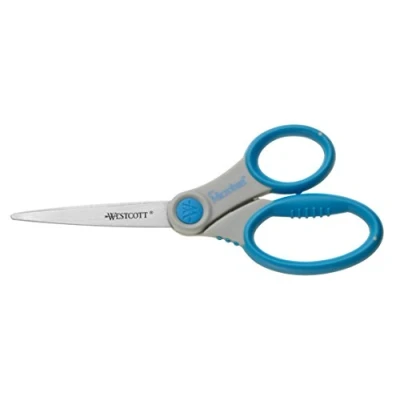 Abbildung von WESTCOTT E 30770 00 Schere Microban Softgrip, rostfrei, asymmetrisch, grau/blau, 18 cm