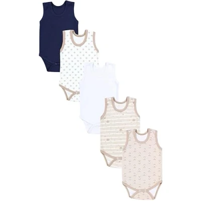 Abbildung von TupTam Baby Jungen Achselbody in Unifarben 5er Pack, Farbe: Fuchs Beige Sterne Streifen Weiß Dunkelblau, Größe: 116
