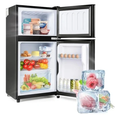 Abbildung von Merax Kühl Gefrierkombination 60 Liter Volumen, Doppeltür Mini Kühlschrank mit 22 Gefriervolumen, 38 Kühlvolumen, 172 kWh/Jahr, LED Licht, Premium Schwarz [Energieklasse F]