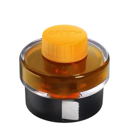 Abbildung von LAMY T52 Tinte mango 50ml Tintenglas mit Tintensammelbecken Standfuß aus Kunststoff Löschpapierrrolle