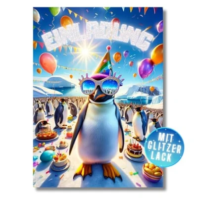 Abbildung von HIDEBLOOM I GLITZER Einladungskarten Kindergeburtstag Mädchen 12 Stück DIN A6 Lässiger Pinguin Einladung Geburtstag mit Glitzerlack Kinderparty Teenager Glitzerkarte