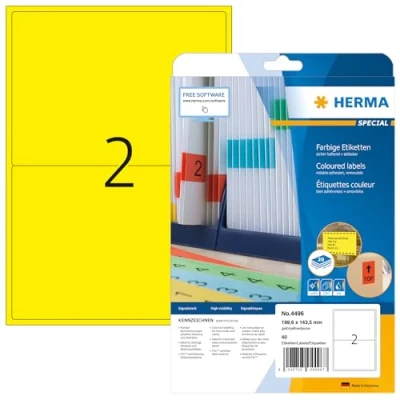 Abbildung von HERMA 4496 Farbige Etiketten gelb ablösbar, 20 Blatt, 199,6 x 143,5 mm, 2 pro A4 Bogen, 40 Stück, selbstklebend, bedruckbar, matt, blanko Papier Farbetiketten Aufkleber