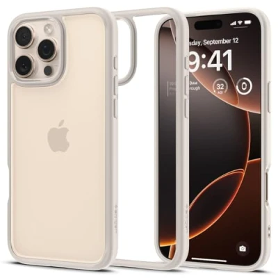Abbildung von Spigen für iPhone 16 Pro Max Hülle [Anti Yellowing] Ultra Hybrid Case Handyhülle Schutzhülle Cover Transparent Durchsichtig Dünn Slim Natural Titanium