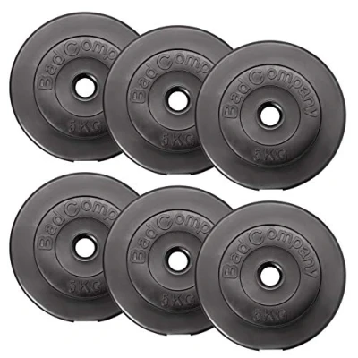 Abbildung von Bad Company Hantelscheiben 30/31 mm Kunststoff 30kg I Gewicht Set 6 x 5 kg Gewichte für Langhantel und Kurzhantel
