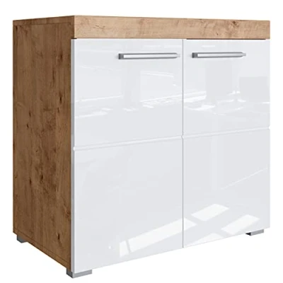 Abbildung von Newroom Waschbeckenunterschrank Wildeiche Weiß Hochglanz mit viel Stauraum 60x56x34 cm (BxHxT) Badezimmer Unterschrank Badezimmerschrank Badezimmermöbel Badunterschrank [Trinity.Seven]