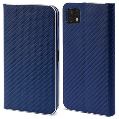 Abbildung von Moozy Hülle für Samsung A22 5G, Dunkelblau Carbon Metallischer Kantenschutz Klapphülle Handyhülle mit Kartenfach und Standfunktion