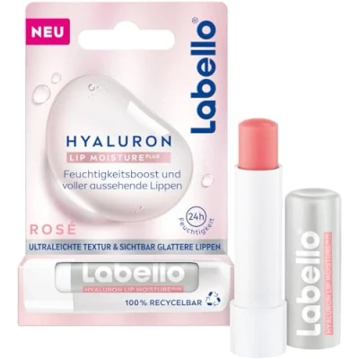 Abbildung von Labello Lippenpflegestift mit Hyaluronsäure für 24h Feuchtigkeit, Lippenbalsam Menthol und ultraleichter Textur, unterstreicht die natürliche Lippenfarbe, Hyaluron Lip Moisture Plus Rosé (5,2 ml)