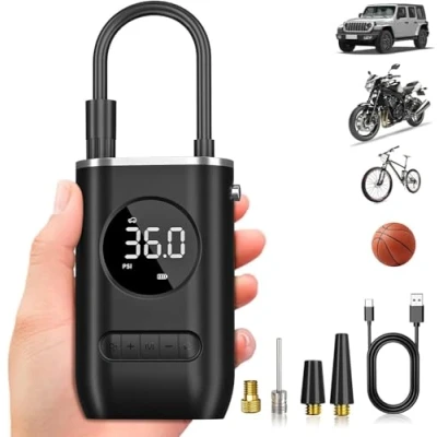 Abbildung von WYRIAZA Elektrische Luftpumpe, 10000mAh Luftpumpe Elektrisch, 150PSI 4X Schnelle, mit Digitalem Reifendruckmesser Led Licht Geeignet, 4 Modi Akku Kompressor für Fahrrad, Auto, Motorräder, Bälle