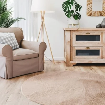 Abbildung von Interiyou Hochflorteppich Fargo 200x200 cm Rund Taupe Flauschiger Fellteppich aus Kunstfell waschbar und rutschfest weicher Langflor Fell