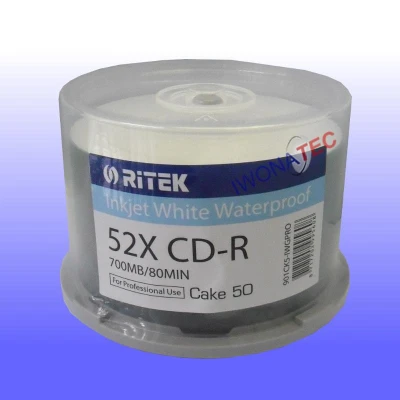 Abbildung von CD R 80 Min/700 MB Ritek 52x WaterShield bedruckbar weiß FS 50 Stück