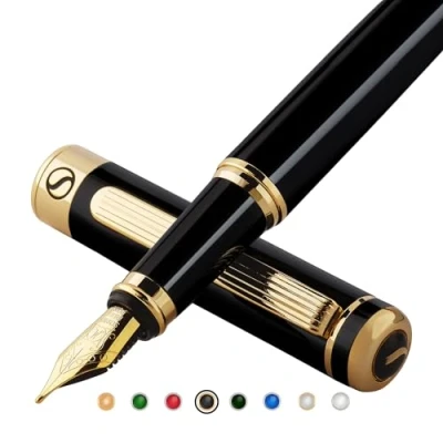 Abbildung von Scriveiner Füllfederhalter, schwarz lackiert, Kugelschreiber mit 24 karätigem Gold Finish, Feder 18 Karat (mittel), ideal für Damen und Herren, professionell, Direktor, Büro, schöner