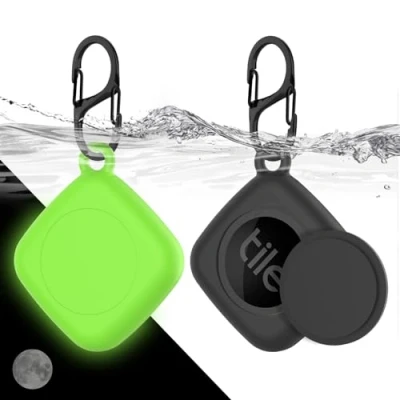 Abbildung von [2 Stück] Halterung für Tile Mate（2022）, MOWYEOK Silikon GPS Tracker Verstecktes wasserdichtes Halterung, Mit Schlüsselanhänger, Geeignet Schlüssel, Geldbörse, Gepäck (Schwarz+Grün)