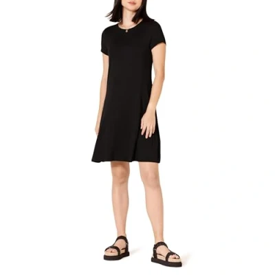 Abbildung von Amazon Essentials Damen Kurzärmeliges Swing Kleid mit U Ausschnitt (erhältlich in Übergröße), Schwarz, L
