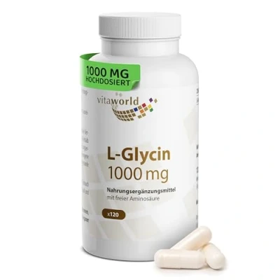 Abbildung von L Glycin hochdosiert 1000mg pro Tag (120 vegane Kapseln) 4 Monatsvorrat optimal dosiert von Natur aus süß ohne unerwünschte Zusätze, laborgeprüft, glutenfrei &amp; laktosefrei vitaworld