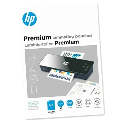 Abbildung von HP Premium Laminierfolien, DIN A4, 80 Micron, glänzend, transparent, zum Heißlaminieren, 100 Stück, 9123