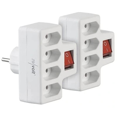 Abbildung von revolt Zwischenstecker: 2er Set 4 Fach Euro Steckdose mit EIN/Aus Schalter, 10 A, 2.300 Watt (Steckdosenverteiler abschaltbar, Kindersicherung)